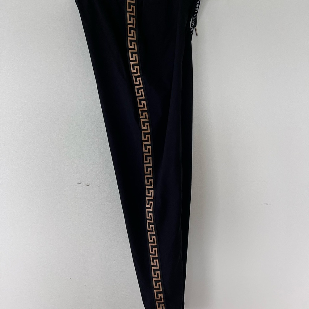 Black and Gold Straight Leg Pants with Metallic Side Stripe